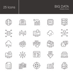 Big Data - thin line icon set.  25 editable stroke vector graphic elements, stock illustration Icon, Business, Technology, Connection, IT Support, Network Server, Cloud Computing, Computer Programmer