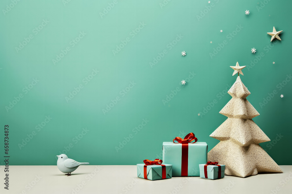 Poster bird-centric minimalist christmas gifts display background with empty space for text