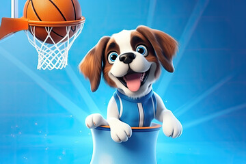 Courtbound Canine: A 3D-Rendered Dog's Slam Dunk Aspiration on Blue Background