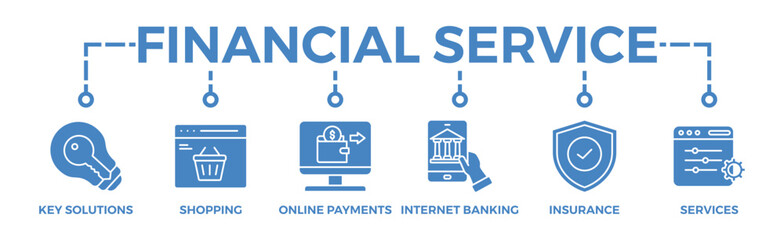 Financial service banner web icon vector illustration concept with icon of key solutions, shopping, online payments, internet banking, insurance and services