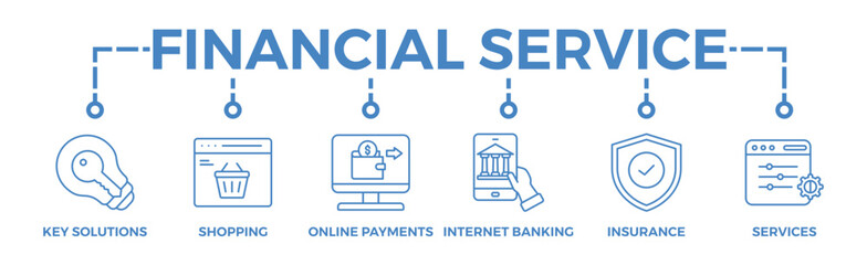 Fototapeta na wymiar Financial service banner web icon vector illustration concept with icon of key solutions, shopping, online payments, internet banking, insurance and services