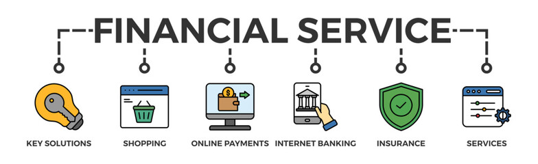 Financial service banner web icon vector illustration concept with icon of key solutions, shopping, online payments, internet banking, insurance and services