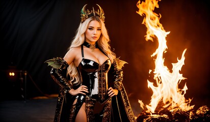 Beautiful blonde woman in a corset with a crown on her head posing near the fire.