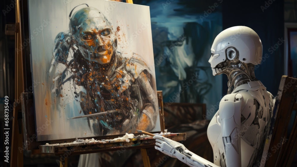 Poster generative ai art technology concept, robot painting picture in studio. generative ai image.