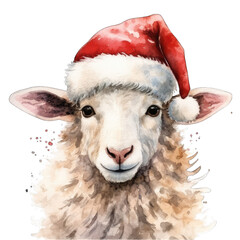 Cute sheep wearing a santa hat. Lamb Christmas, isolated on white transparent background
