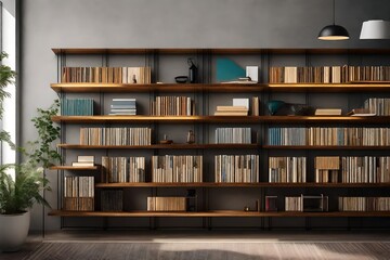 minimalist wall-mounted shelves to display vintage books vinyl records and decorative items in an organized manner. - obrazy, fototapety, plakaty