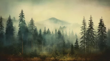 Crédence en verre imprimé Forêt dans le brouillard Pine forest in retro style