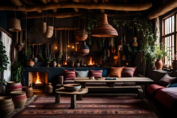 "Incorporate handmade pottery and artisanal textiles into a rustic bohemian interior design.