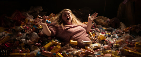 AI-generated photo of a woman buried under a mountain of discarded candy wrappers. The emotional complexities tied to body shaming, lack of healthy food choices, eating disorders, and deep loneliness 