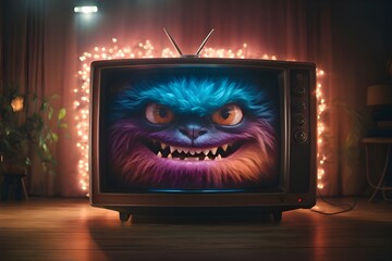 A monster popping out from an old day television