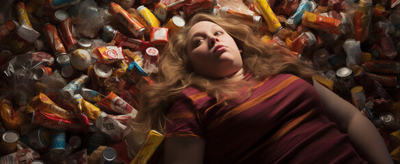 An AI-generated image of a woman, nestled beneath discarded candy wrappers. The motional intricacies tied to body shaming, lack of healthy food options, eating disorders, and deep loneliness. Empathy - obrazy, fototapety, plakaty