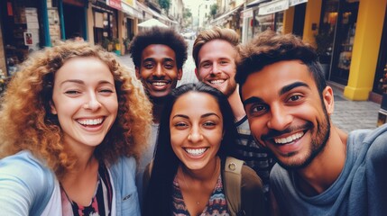 Fototapeta premium Mixed group of young people taking a selfie outdoors