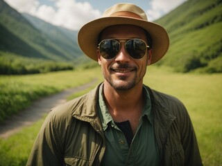 A joyful man, wearing a hat and sunglasses, revels in the freedom and serenity of nature. 