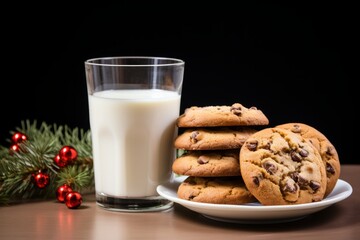 Santa's Treats: A minimalistic, high-quality stock photograph capturing the essence of leaving out milk and cookies for Santa Claus. Created with AI technology