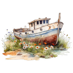 Obraz premium Old abandoned boat, rustic shipwreck, aground, near wildflowers. Isolated on white background. Watercolor illustration