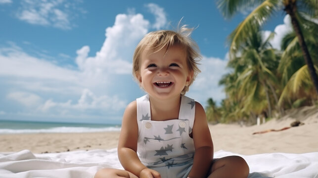 Funny baby sitting in sand of tropic sea beach