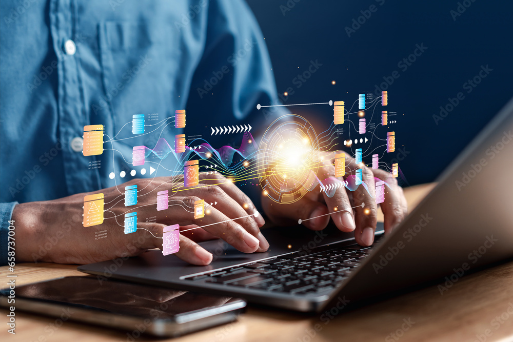 Aufkleber Businessman using ai technology for data analytics, Artificial Intelligence generate. Futuristic technology, robot in online system. Business in future to invest and develop corporate concept.