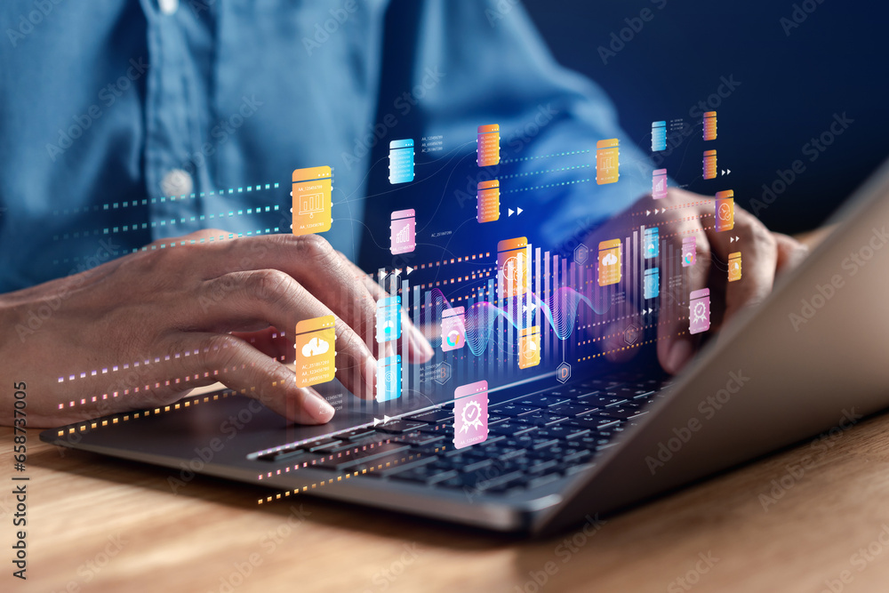Aufkleber Businessman using ai technology for data analytics, Artificial Intelligence generate. Futuristic technology, robot in online system. Business in future to invest and develop corporate concept.