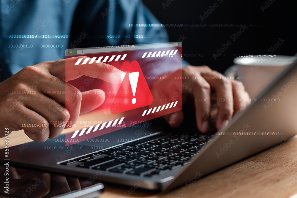 Poster System warning caution sign on smartphone, scam virus attack on firewall for notification error and maintenance. Network security vulnerability, data breach, illegal connection and information danger.