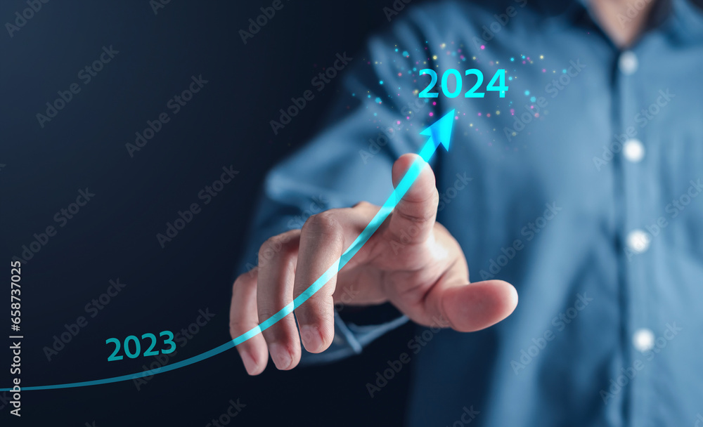 Aufkleber growth up of happy new year resolution planning and challenge strategy business with arrow up in new