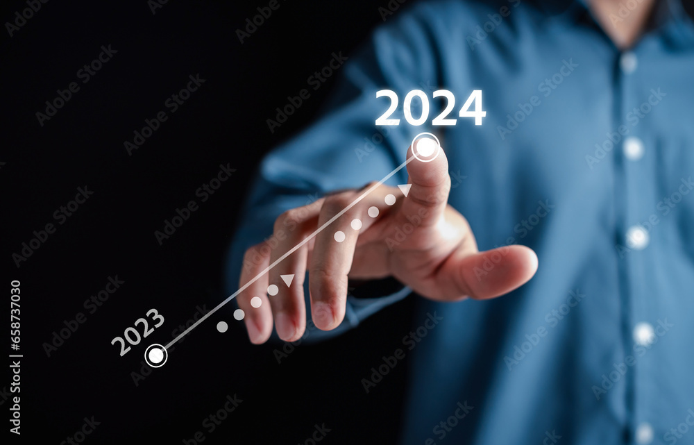 Aufkleber growth up of happy new year resolution planning and challenge strategy business with arrow up in new
