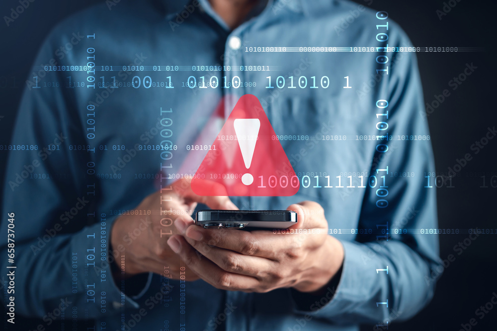 Aufkleber System warning caution sign on smartphone, scam virus attack on firewall for notification error and maintenance. Network security vulnerability, data breach, illegal connection and information danger.