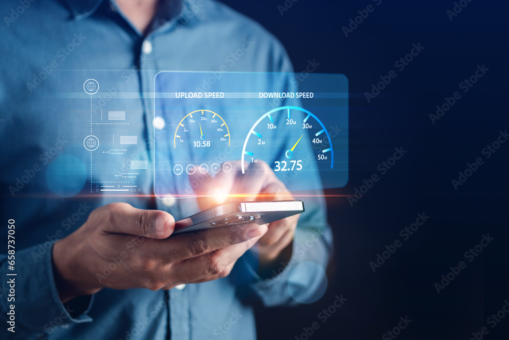 Poster High performance speed internet connection network technology, Man using Internet high speed by smartphone and laptop computer, 5G quality, speed optimization with fiber optic.