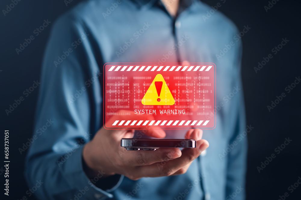 Poster System warning caution sign on smartphone, scam virus attack on firewall for notification error and maintenance. Network security vulnerability, data breach, illegal connection and information danger.