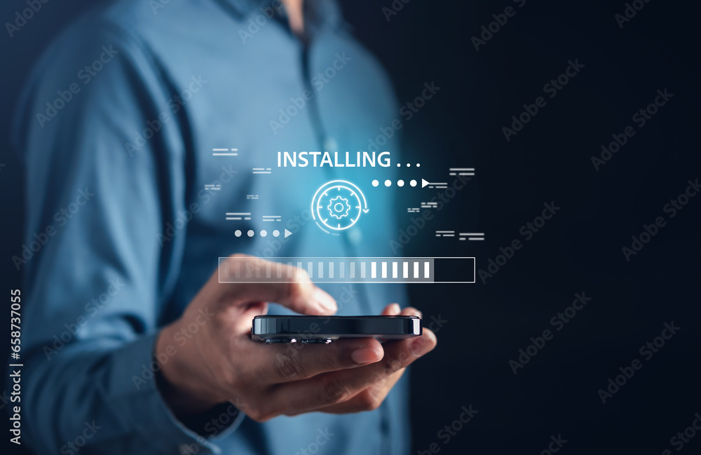 Aufkleber Update software and installing new version system in computer. Man upgrade program, Business technology internet loading bar with installing the update for the quality better.