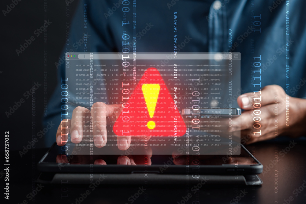 Poster System warning caution sign on smartphone, scam virus attack on firewall for notification error and maintenance. Network security vulnerability, data breach, illegal connection and information danger.