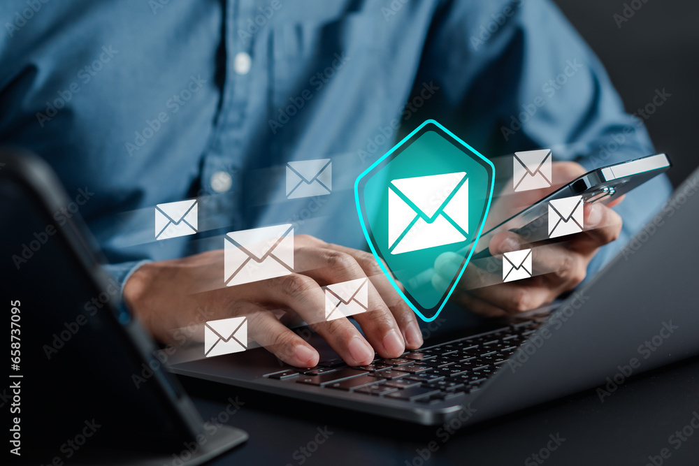 Aufkleber Email Protection Security from Spam virus. Internet network, Secure data email, Security protection notification on internet letter security protect, junk and trash mail and compromised information.