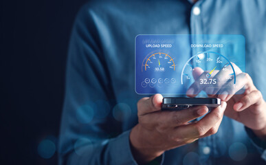 High performance speed internet connection network technology, Man using Internet high speed by...