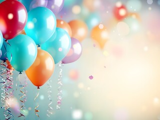 Birthday card with colorful balloons. Blurred bokeh background with copy space