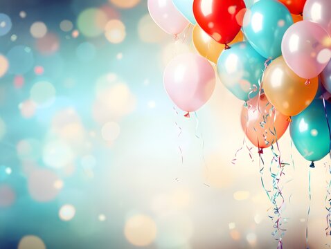 Birthday card with a bunch of colorful balloons. Flare defocused bokeh background with blank space