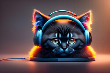 cute black kitten with musical headphones, pet, cat. artificial intelligence generator, AI, neural network image. background for the design. with