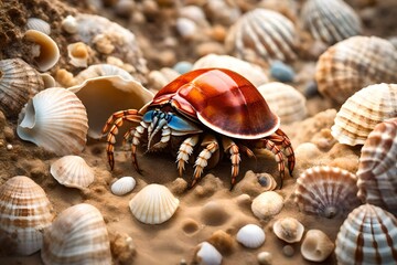 Create a close-up of a hermit crab inside its seashell home - obrazy, fototapety, plakaty