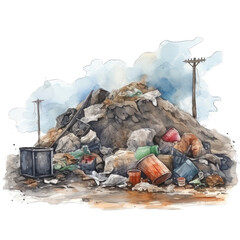 Landfill dump, with a ton of garbage. Stinky. Watercolor illustration, isolated - obrazy, fototapety, plakaty