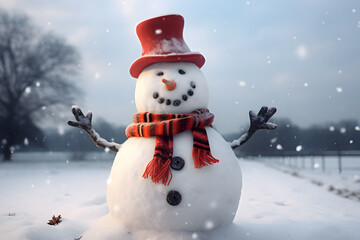 Fototapeta premium Merry christmas and happy new year greeting card with copy-space.Happy snowman standing in christmas landscape.Snow background.Winter fairytale.