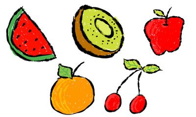 Hand-drawn doodles, cute healthy foods, sets of juicy fruits. Crayons or chalk as children draw watermelon, orange, apple, kiwi, cherry.