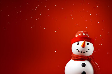 Merry christmas and happy new year greeting card with copy-space.Happy snowman standing in christmas landscape.Snow background.Winter fairytale.