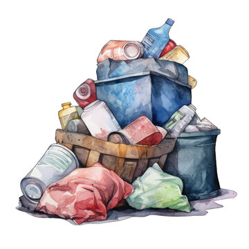 Mess of a recycling bin and garbage, watercolor illustration, transparent background