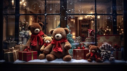 A Teddy Bear Christmas Winter Wonderland, Toys and Christmas Tree - obrazy, fototapety, plakaty