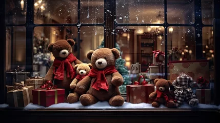 Fotobehang A Teddy Bear Christmas Winter Wonderland, Toys and Christmas Tree © Pixel Alchemy