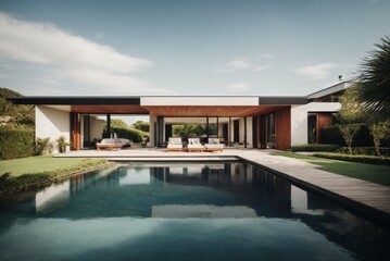 Fototapeta premium Modern cozy house with pool and parking for sale or rent in luxurious style and beautiful landscaping on background.