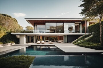 Fototapeta premium Modern cozy house with pool and parking for sale or rent in luxurious style and beautiful landscaping on background.