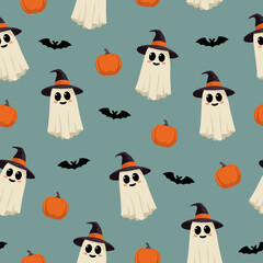 Seamless pattern with cute smiling ghosts, pumpkins and bats. Cartoon characters on blue background for Halloween design. Vector illustration