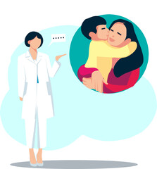 doctor and patient flat design vector illustration, doctor is treating a sick child in mother's arms,