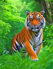 Obraz premium Beautiful Bengal tiger with lush green habitat background