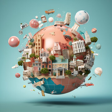 A conceptual image of a globe with various retail icons floating around it