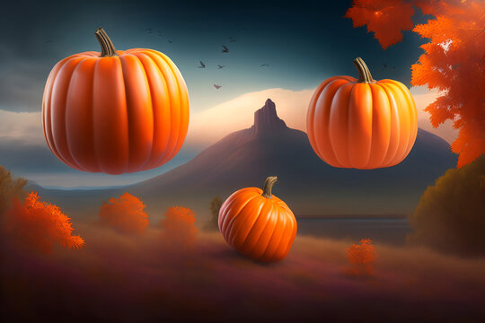 flying orange pumpkins. preparation for the Halloween holiday. an artificial intelligence generator, and, an image of a neural network. background for the design.